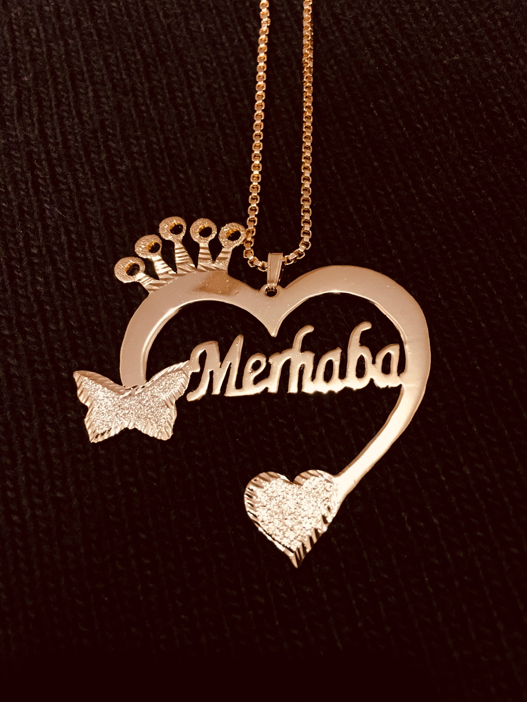 Customized Name Necklace - Heart Shape with Butterfly & Crown Design